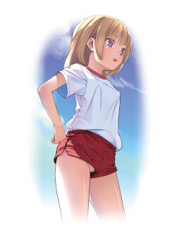 1girl blonde_hair censored cropped_legs gym_uniform highres loli medium_hair no_panties open_mouth original pop_(electromagneticwave) purple_eyes pussy red_shorts shirt shirt_tucked_in short_sleeves shorts solo thighs upshorts white_shirt