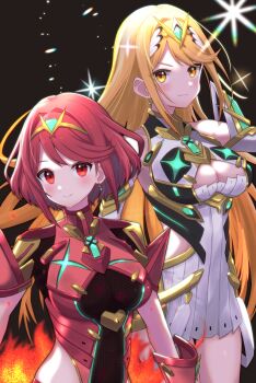 breasts cleavage large_breasts miasuke multiple_girls mythra_(xenoblade) pyra_(xenoblade) red_eyes red_hair xenoblade_chronicles_(series) xenoblade_chronicles_2