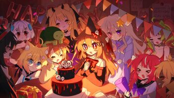 &gt;_&lt; 6+girls :3 absurdres animal_ears annytf antennae birthday_cake black_cardigan black_hair black_horns black_ribbon black_sailor_collar black_shirt blue_eyes blue_sailor_collar bow bowtie breasts broken_heart broken_heart_hair_ornament brown_hair cake camila_(vtuber) candle cardigan cerber_(vtuber) closed_eyes closed_mouth commentary_request confetti demon_horns dog_ears dog_girl dress_shirt ellie_minibot evil_neuro-sama food fox_ears fox_girl from_side gift green_hair hair_between_eyes hair_bow hair_ornament hair_ribbon happy_birthday hat heart heart_hair_ornament highres horns indie_virtual_youtuber indoors jacket koko_d._nuts large_breasts layna_lazar long_hair long_sleeves minikomew multicolored_hair multiple_girls neuro-sama off-shoulder_cardigan open_mouth party_hat party_popper pink_eyes pink_hair purple_bow purple_bowtie purple_eyes purple_jacket purple_sweater red_bow red_bowtie red_eyes ribbon round_eyewear sailor_collar school_uniform serafuku shirt short_hair siblings sisters skull_hair_ornament slice_of_toma star_(symbol) star_hair_ornament streaked_hair sweater syringe_hair_ornament turtle twins two_side_up user_hmyv8473 vedal987 vedal_ai virtual_youtuber white_bow white_hair white_jacket white_serafuku white_shirt wide_shot yellow_cardigan