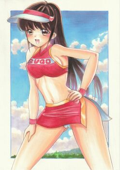 1girl 1990s_(style) bare_shoulders blue_sky breasts brown_eyes brown_hair cameltoe clothes_writing cloud covered_erect_nipples cowboy_shot crop_top future_gpx_cyber_formula halterneck high_collar highres long_hair looking_at_viewer medium_breasts microskirt midriff miniskirt navel open_mouth panties pantyshot race_queen sideboob skirt sky smile sugou_asuka teeth thighs tomoeri traditional_media underwear very_long_hair visor_cap