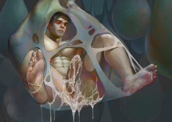 1boy abs ass barefoot black_hair egg feet hanging highres makuro_(inmomakuro) male_focus nest nude pectorals penis red_eyes restrained solo tagme testicles toes web