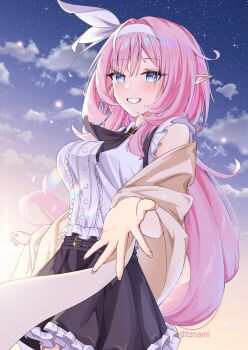 1girl black_skirt blue_eyes blue_sky breasts cloud elf elysia_(golden_courtyard)_(honkai_impact) elysia_(honkai_impact) hairband hashtag-only_commentary highres honkai_(series) honkai_impact_3rd long_hair medium_breasts nami_(tznami) official_alternate_costume open_hand outdoors pointy_ears shawl shirt skirt sky smile solo upper_body white_hairband white_shirt