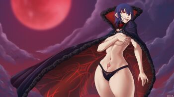 1girl absurdres black_nails black_panties blue_hair breasts cape ciel_(tsukihime) cloak cloud cloudy_sky covering_breasts covering_privates crest evil_smile fangs floating_cape full_moon fur_cloak hair_between_eyes highres looking_at_viewer michael_roa_valdamjong moon nail_polish naked_cape naked_cloak nemuriel panties possessed red_eyes red_moon roa-ciel short_hair sky smile thick_thighs thighs tsukihime tsukihime_(remake) underwear vampire wide_hips