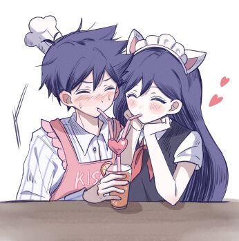 1boy 1girl alternate_costume animal_ear_hairband animal_ears apron blush closed_eyes closed_mouth collared_shirt colored_skin cup double-parted_bangs drinking drinking_glass drinking_straw drinking_straw_in_mouth fake_animal_ears hair_between_eyes hairband hat heart hero_(headspace)_(omori) hero_(omori) highres holding holding_cup long_hair long_sleeves mari_(headspace)_(omori) mari_(omori) mini_chef_hat neckerchief omori pajamas pink_apron purple_hair purple_sweater_vest red_neckerchief shared_straw shirt short_hair short_sleeves simple_background striped_clothes striped_pajamas sweat sweater_vest table vertical-striped_clothes vertical-striped_pajamas white_background white_hairband white_hat white_shirt white_skin wktdms1