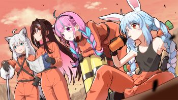 4girls ahoge anchor_hair_ornament animal_ears azki_(hololive) bare_shoulders black_gloves black_tank_top blue_eyes blue_hair blue_hairband blunt_bangs blush braid breasts brown_hair carrot_hair_ornament closed_mouth collared_shirt colored_inner_hair commentary_request crossed_bangs double-parted_bangs drinking drinking_straw dutch_angle fanged_bangs feet_out_of_frame food-themed_hair_ornament fox_ears fox_girl from_behind gloves grey_hair hair_between_eyes hair_ornament hairband hairclip half_up_half_down_braid half_updo hand_on_own_hip hazmat_suit highres holding holding_map hololive jumpsuit jumpsuit_around_waist knee_up leaning_forward leaning_on_object lethal_company light_blush long_hair long_skirt looking_afar looking_ahead low_ponytail map medium_breasts minato_aqua multicolored_hair multiple_girls official_alternate_hair_length official_alternate_hairstyle open_jumpsuit open_mouth orange_eyes orange_jumpsuit outdoors oxygen_tank parted_hair pink_hair ponytail purple_eyes purple_hair rabbit_ears road_sign shirakami_fubuki shirt short_ponytail sidelocks sideways_glance sign sitting skirt sky small_breasts smile stop_sign sunset sweat tank_top thick_eyebrows twin_braids twintails two-tone_hair usada_pekora virtual_youtuber white_hair yuto_(dialique)
