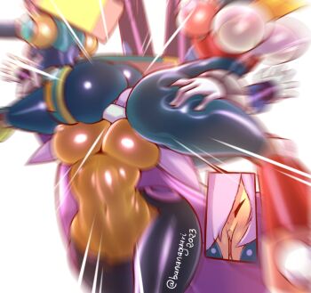 3girls alia_(mega_man) android ass breasts cropped_legs crushed highres hip_attack large_breasts layer_(mega_man) mega_man_x8 mega_man_x_(series) multiple_girls navel nipples pallette_(mega_man) pchaos720_(bananagaari) purple_hair simple_background sitting sitting_on_face sitting_on_person street_fighter tagme white_background