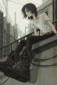 1girl absurdres black_boots black_hair black_pants boots bracelet chain-link_fence cityscape fence full_body highres jewelry kiilil9 leaning_forward looking_to_the_side medium_hair midriff_peek necklace original outdoors pants parted_lips shirt short_sleeves sitting solo white_shirt