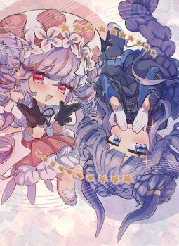 2girls absurdres angel angel_and_devil angel_wings angello_vaalmonica black_dress black_gloves black_thighhighs blue_eyes blush braid c_civciv demon_girl demon_horns dimonno_vaalmonica double_bun dress duel_monster gloves hair_bun highres horns long_hair looking_at_viewer multiple_girls open_mouth purple_hair red_eyes smile thighhighs twin_braids very_long_hair white_dress white_gloves wings yu-gi-oh!