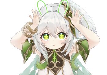 1girl absurdres arms_up bare_shoulders bracelet commentary_request genshin_impact gold_trim green_eyes green_hair hair_between_eyes highres iroha_(mimi0618xx) jewelry long_hair looking_at_viewer multicolored_hair nahida_(genshin_impact) parted_lips pointy_ears rabbit_pose side_ponytail simple_background sleeveless solo star-shaped_pupils star_(symbol) symbol-shaped_pupils twitter_username upper_body white_background white_hair