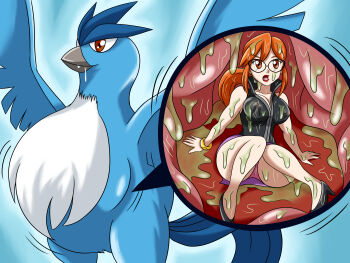 1girl absurdres acid articuno bad_end beak bird bird_wings bracelet bulge cross-section digesting_girl digestion drooling elite_four gen_1_pokemon glasses helpless high_heels highres imminent_death inside_creature jewelry krlitosss legendary_pokemon lorelei_(pokemon) nintendo peril pokemon pokemon_(creature) pokemon_frlg ponytail scared simple_background slippers stomach stomach_bulge vore wings x-ray