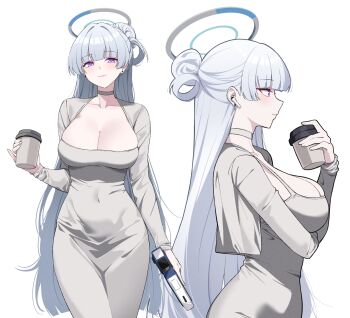 1girl arm_under_breasts blue_archive blunt_bangs breasts choker cleavage cleavage_cutout closed_mouth clothing_cutout collarbone commentary_request covered_navel cup disposable_cup dongtan_dress dress earrings from_side grey_choker grey_dress grey_hair gun hair_bun halo handgun highres holding holding_cup holding_gun holding_weapon jewelry large_breasts long_hair long_sleeves looking_at_viewer noa_(blue_archive) purple_eyes reia_76 simple_background solo staccato_2011 standing very_long_hair weapon white_background