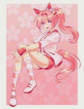 Rule 34 | 1girl, absurdres, animal ears, bandaid, bandaid on leg, blush, bow, buruma, camellia (camel mal), commentary request, ear bow, ear covers, fingerless gloves, flower-shaped pupils, flower in eye, full body, gloves, haru urara (bestest prize) (umamusume), haru urara (umamusume), headband, highres, horse ears, horse girl, horse tail, jacket, long hair, open mouth, pink buruma, pink eyes, pink hair, pink headband, ponytail, red buruma, red gloves, red headband, shirt, shoes, smile, socks, solo, striped clothes, striped socks, symbol-shaped pupils, symbol in eye, tail, umamusume, white jacket, white shirt