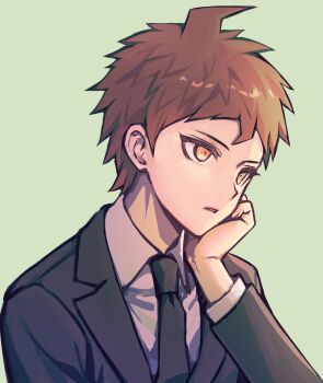 Rule 34 | 1boy, black jacket, black necktie, brown hair, chinese commentary, collared shirt, commentary request, cyacyacyacyaki, danganronpa (series), danganronpa 3 (anime), formal clothes, green background, hand on own cheek, hand on own face, highres, hinata hajime, jacket, lapels, male focus, necktie, notched lapels, shirt, short hair, simple background, solo, suit, tsurime, upper body, white jacket, yellow eyes