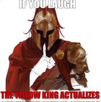 1other armor caption cloak commentary d3rlord3 endisnio english_commentary english_text facing_viewer finger_to_mouth galea_helmet highres meme painterly red_cloak searching_for_a_world_that_doesn't_exist shushing solo upper_body