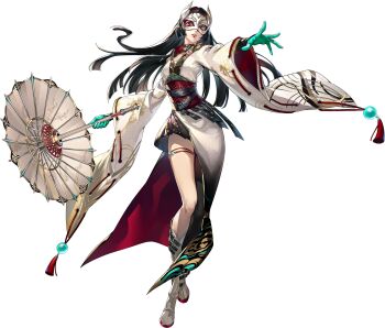 1girl artist_request black_hair boots brown_eyes highres holding holding_umbrella japanese_clothes kimono mask obi official_art oil-paper_umbrella persona persona_5 persona_5:_the_phantom_x sash solo tanemura_riko third-party_source transparent_background umbrella wind_(p5x)