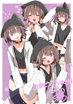 +++ 1boy :3 :d =_= @_@ absurdres animal_ear_piercing animal_ears black_choker black_hat black_shirt blue_shorts blush border bright_pupils brown_hair cat_ears choker closed_eyes commentary_request commission cowboy_shot cropped_shirt fake_animal_ears flying_sweatdrops full_body grin hand_on_headwear hat heart highres hood hoodie looking_at_viewer midriff multi-source_commentary multiple_views navel no_nose nose_blush one_ear_down one_eye_closed open_clothes open_hoodie open_mouth original outside_border partial_commentary purple_background purple_eyes shirt short_hair short_shorts shorts signature simple_background single_off_shoulder skeb_commission smile standing sweatdrop thank_you trap uruti_2388 white_border white_hoodie white_pupils