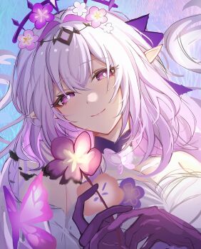 1girl animal_print bright_pupils butterfly_print castorice_(honkai:_star_rail) collar detached_sleeves flower gloves hair_flower hair_ornament highres hisui_(xztw) holding holding_flower honkai:_star_rail honkai_(series) light_smile long_hair looking_at_viewer pointy_ears purple_eyes purple_hair ribbon tiara white_pupils