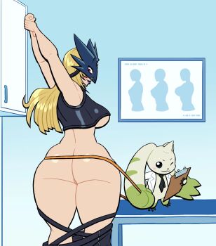 ass beelstarmon belt breasts digimon digimon_(creature) lipstick long_hair lovetopullmicke makeup mask measuring terriermon_assistant third_eye underboob
