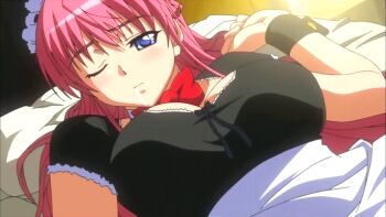 1boy 1girl animated animated_gif bed breasts kanojo_x_kanojo_x_kanojo large_breasts maid night nipples orifushi_akina pink_hair shiki_haruomi top_pull undressing