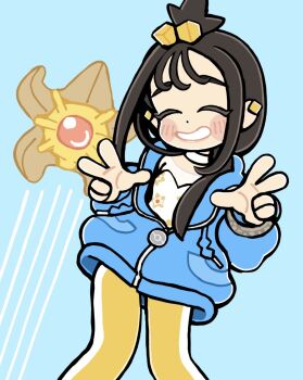 1girl ^_^ bkub blue_background blue_jacket blush_stickers brown_hair closed_eyes cube_hair_ornament dot_nose double_w facing_viewer feet_out_of_frame gen_1_pokemon grin hair_ornament hands_up highres jacket lida_(pokemon) long_hair long_sleeves nintendo pants partially_unzipped pokemon pokemon_(creature) pokemon_legends:_z-a shirt smile standing staryu topknot w white_shirt yellow_pants