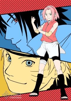 1girl 2boys bike_shorts black_shorts blue_eyes boots chara_no7 commentary_request facial_mark forehead_protector green_eyes hairband haruno_sakura headband highres knee_boots multiple_boys naruto_(series) naruto_shippuuden open-toe_boots pink_hair red_eyes red_hairband shorts sleeveless sleeveless_jacket twitter_username uchiha_sasuke uzumaki_naruto watermark whisker_markings