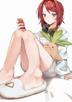 1girl ange_katrina ange_katrina_(6th_costume) arm_support bare_legs bare_shoulders blue_cardigan blue_eyes blurry camisole cardigan cellphone character_doll commentary_request depth_of_field doll foreshortening full_body grey_shorts hair_ornament hairclip hairpin hand_up headphones headphones_around_neck highres holding holding_phone knees_up large_variant_set looking_at_viewer mandragora_(ange_katrina) medium_hair multicolored_eyes multiple_hairpins nijisanji off_shoulder open_cardigan open_clothes parted_lips phone purple_eyes red_hair shorts simple_background sitting sleepwear slippers smartphone solo strap_slip striped_cardigan stuffed_toy th@nk two-tone_eyes variant_set virtual_youtuber white_background white_camisole white_cardigan white_slippers