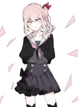 1other :3 akiyama_mizuki arms_behind_back black_bow black_jacket black_neckerchief black_overskirt black_skirt black_thighhighs bow closed_mouth club_(shape) collarbone cowboy_shot diamond_(shape) flat_chest frilled_skirt frills grey_shirt hair_bow hashtag-only_commentary heart high_side_ponytail highres hinane_1206 jacket looking_at_viewer miniskirt neckerchief open_clothes open_jacket other_focus overskirt pale_skin pink_eyes pink_hair pink_neckerchief project_sekai puffy_sleeves red_bow sailor_collar shirt side_ponytail sidelocks simple_background skirt solo spade_(shape) standing swept_bangs thighhighs three-quarter_sleeves triangle two-tone_neckerchief white_background white_sailor_collar zettai_ryouiki