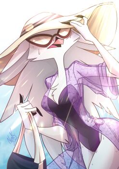 1girl absurdres akuma_nemui bag bird_girl black_one-piece_swimsuit dappled_sunlight furry furry_female hand_on_headwear hat hellaverse helluva_boss highres one-piece_swimsuit open_clothes open_shirt purple_shirt see-through_clothes see-through_shirt shirt signature solo stella_(helluva_boss) sun_hat sunglasses sunlight swimsuit white_hat