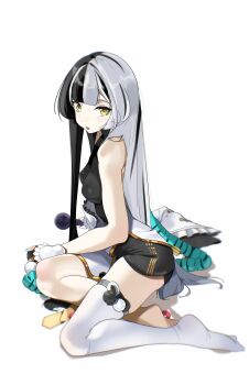 1girl absurdres alternate_hairstyle aqua_nails bare_shoulders black_hair blush breasts corded_phone dialyn_(zenless_zone_zero) dress from_side hashtag-only_commentary highres holding holding_phone long_hair looking_at_viewer lq9140 medium_breasts multicolored_hair multiple_girls open_mouth phone simple_background single_bare_foot single_thighhigh sitting solo sparkling_eyes split-color_hair thighhighs white_background white_dress white_hair white_thighhighs yellow_eyes zenless_zone_zero