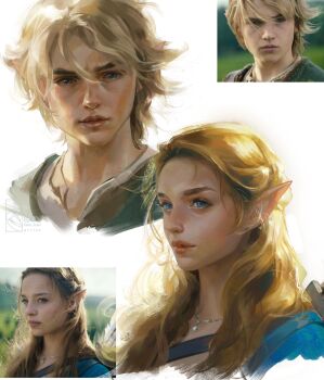 1boy 1girl balo_badartist blonde_hair blue_eyes blue_jacket closed_mouth commentary english_commentary green_tunic hair_between_eyes highres jacket jewelry link long_hair necklace nintendo parted_bangs pointy_ears princess_zelda reference_inset shirt short_hair the_legend_of_zelda the_legend_of_zelda_(live_action) tunic upper_body white_background white_shirt