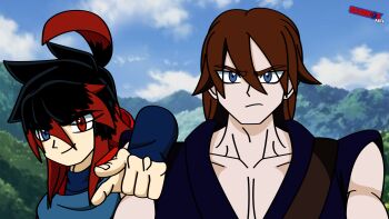 absurdres black_hair blue_eyes forest highres male_focus nature ninja non-web_source original red_eyes red_hair skarnox_bravehart