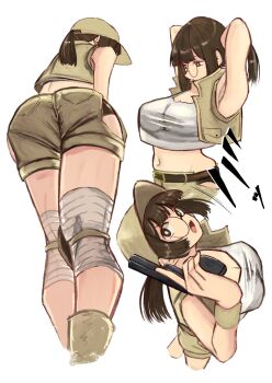 1girl armpits ass bandages breasts cleavage cropped_legs fio_germi gun handgun highres jacket metal_slug midriff multiple_views navel ponytail shorts sleeveless tikuwabu_33 weapon