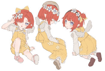 3girls alternate_costume angel_wings arm_up back_bow beret black_hairband blindfold blue_eyes bobby_socks bow braid braided_bangs bright_pupils brown_hat brown_sailor_collar brown_shoes cinna_wstle cross-shaped_pupils dress facing_to_the_side floral_print floral_print_dress flower flower_hairband flower_ornament from_behind from_side hair_bow hair_flower hair_ornament hair_over_eyes hair_over_one_eye hairband hand_on_floor hat head_wreath honkai:_star_rail honkai_(series) knee_up kneeling long_sleeves looking_at_viewer multiple_girls nose_bubble one_side_up open_mouth overall_shorts overalls parted_lips petticoat pinafore_dress pink_shoes pleated_dress pointy_ears print_dress puffy_long_sleeves puffy_short_sleeves puffy_sleeves red_hair ribbon sailor_collar shirt shoes short_hair short_sleeves simple_background sitting sleeping sleeping_upright sleeveless sleeveless_dress smile socks symbol-shaped_pupils trianne_(honkai:_star_rail) tribbie_(honkai:_star_rail) trinnon_(honkai:_star_rail) white_background white_flower white_pupils white_shirt white_socks white_wings wings yellow_bow yellow_dress yellow_overalls yellow_ribbon zzz