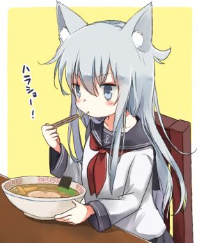 1girl anchor_symbol animal_ear_fluff animal_ears black_sailor_collar black_skirt blue_eyes blue_hair blush border bowl cat_ears chair chopsticks collarbone commentary_request eating food hair_between_eyes hibiki_(kancolle) holding holding_chopsticks kantai_collection long_hair long_sidelocks long_sleeves looking_ahead motohara_moka neckerchief noodles outdoors pleated_skirt red_neckerchief rounded_corners sailor_collar shirt sidelocks simple_background sitting skirt solo table translation_request white_border white_shirt yellow_background