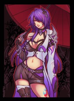 1girl acheron_(honkai:_star_rail) asymmetrical_sleeves bandaged_leg bandages belt breasts chain chain_around_arm choker cleavage crop_top earrings felidfang gloves hair_ornament highres honkai:_star_rail honkai_(series) jacket jewelry large_breasts leg_tattoo long_hair navel oil-paper_umbrella open_clothes open_jacket purple_eyes purple_hair shorts single_bare_shoulder single_earring strap tattoo umbrella very_long_hair zipper