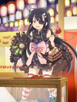Rule 34 | 1girl, aerial fireworks, basket, beads, black hair, black kimono, black sleeves, blunt bangs, blush, bow, candy apple, cat hair ornament, cat pin, detached sleeves, eyepatch, fang, festival, fireworks, flat chest, food, frilled kimono, frills, hair ornament, hairclip, hairpin, heart, heart print, holding, holding basket, holding candy apple, holding food, holding string, japanese clothes, kimono, lantern, large bow, long hair, looking at viewer, mirai (senran kagura), mitsudomoe (shape), non-web source, obi, obiage, obijime, official art, open mouth, orange ribbon, paper lantern, pink bow, print kimono, red eyes, red thighhighs, ribbon, sash, senran kagura, senran kagura new link, senran kagura shoujo-tachi no shin'ei, solo, standing, string, striped clothes, striped thighhighs, summer festival, tearing up, thighhighs, tomoe (symbol), translation request, two-tone thighhighs, water yoyo, white thighhighs, wide sleeves, yaegashi nan, yukata, zettai ryouiki