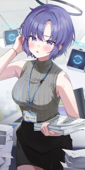 1girl absurdres alternate_costume alternate_hair_length alternate_hairstyle bare_shoulders black_halo black_skirt blue_archive blue_eyes blue_hair blush bracelet brown_sweater commentary_request drone halo highres holding holding_paper jewelry looking_at_viewer mechanical_halo miniskirt momomoi_momoi open_mouth paper paper_stack pencil_skirt short_hair skirt sleeveless sleeveless_sweater solo sweater yuuka_(blue_archive)