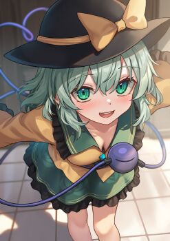 1girl black_hat blush breasts cleavage commentary_request eyeball green_eyes green_hair green_skirt hat heart heart_of_string highres komeiji_koishi medium_breasts open_mouth outstretched_arms shirt skirt smile solo standing teeth third_eye touhou upper_teeth_only wowoguni yellow_shirt