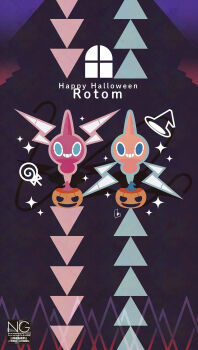 alternate_color candy food gen_4_pokemon grin halloween hat highres jack-o&#039;-lantern lollipop meme_(sleepsheep) nintendo no_humans open_mouth pokemon pokemon_(creature) pokemon_focus pumpkin rotom shiny_pokemon smile star_(symbol) teeth witch_hat
