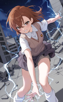 1girl absurdres asymmetrical_bangs brown_eyes brown_hair brown_sweater_vest building coin collared_shirt electricity electrokinesis grey_skirt highres hongchajun looking_at_viewer loose_socks medium_hair miniskirt misaka_mikoto night night_sky on_rooftop outdoors parted_lips pleated_skirt rubble school_emblem school_uniform shirt short_sleeves shorts shorts_under_skirt skirt sky skyscraper smile socks solo summer_uniform sweater_vest toaru_kagaku_no_railgun toaru_majutsu_no_index tokiwadai_school_uniform v-neck white_shirt white_socks