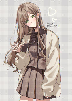 Rule 34 | 1girl, arm at side, artist name, bow, bowtie, brown bow, brown bowtie, brown cardigan, brown hair, brown shirt, brown theme, cardigan, commentary, cowboy shot, dark skin, green eyes, grin, hanako151, hand up, head tilt, highres, long hair, long sleeves, open cardigan, open clothes, original, parted bangs, plaid clothes, plaid shirt, plaid skirt, pleated skirt, school uniform, shirt, skirt, sleeves past wrists, smile, solo, standing, symbol-only commentary, twitter username