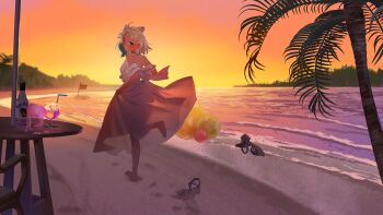 1girl absurdres animal_ear_fluff animal_ears artist_request black_sandals blonde_hair bottle breasts cocktail commentary_request cup dog_ears dog_girl dress drinking_glass green_eyes green_streaks highres indie_virtual_youtuber looking_at_viewer mona_meria multicolored_hair ocean orange_sky outdoors palm_tree parted_bangs sandals second-party_source see-through_silhouette short_hair skirt_hold sky smile solo streaked_hair sunset table tree unworn_sandals virtual_youtuber waves wide_shot