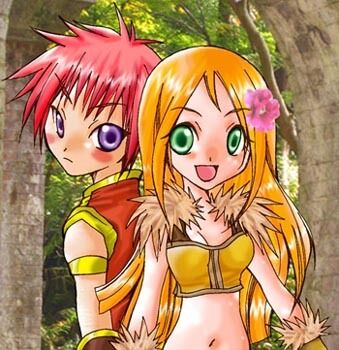 1boy 1girl 2000s_(style) blonde_hair blush breasts brown_shirt champion_(ragnarok_online) closed_mouth coat commentary_request crop_top flower forest fur-trimmed_shirt fur_trim green_eyes hair_flower hair_ornament long_hair looking_at_viewer lowres medium_breasts nature navel open_mouth orine3 photo_background pink_flower pink_hair purple_eyes ragnarok_online red_coat shirt short_hair sleeveless sleeveless_shirt smile sniper_(ragnarok_online) tree upper_body