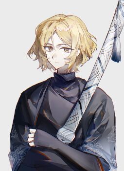 1boy absurdres black_gloves black_haori blonde_hair bochishiraita elbow_gloves fingerless_gloves floral_print_haori gloves hair_between_eyes haori highres holding holding_sword holding_weapon hugging_object japanese_clothes limbus_company looking_at_viewer male_focus official_alternate_costume ootachi pinky_(identity)_(project_moon) project_moon solo sword upper_body weapon white_background yellow_eyes