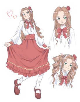 1girl aerith_gainsborough alternate_costume alternate_hairstyle bervens12 bow bowtie breasts brown_hair commentary curtsey drill_hair earrings english_commentary final_fantasy final_fantasy_vii flower full_body green_eyes hair_flower hair_ornament hairband highres jewelry light_blush long_hair mary_janes medium_breasts pantyhose parted_bangs red_bow red_bowtie red_flower red_shoes red_skirt shirt shoes sidelocks skirt smile solo twin_drills upper_body white_background white_hairband white_pantyhose white_shirt