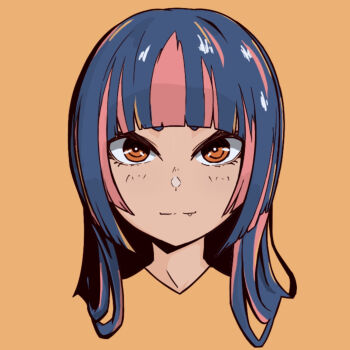 1girl blue_hair blunt_bangs fang highres long_hair looking_at_viewer multicolored_hair orange_background original pink_hair portrait post_(shake_shakepost) red_eyes retro_artstyle shark_kuma-chan_(shake_shakepost) simple_background two-tone_hair