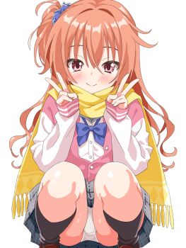 Rule 34 | 1girl, black socks, blue bow, blue bowtie, blue scrunchie, blush, bow, bowtie, brown shoes, buttons, closed mouth, commentary, double v, feet out of frame, fringe trim, grey skirt, hair between eyes, hair intakes, hair ornament, hair scrunchie, hands up, happy, highres, inaba meguru, jacket, kneehighs, letterman jacket, long hair, looking at viewer, miniskirt, one side up, orange hair, panties, plaid clothes, plaid skirt, pleated skirt, red eyes, sanoba witch, scarf, school uniform, scrunchie, shoes, sidelocks, simple background, skirt, sleeves past wrists, smile, socks, solo, split mouth, squatting, straight-on, underwear, v, wavy hair, white background, white panties, yellow scarf, yokoshima akunusu