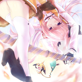 Rule 34 | 10s, 1girl, animal ears, blue sky, blush, closed mouth, creature, expressionless, fingerless gloves, gloves, hair between eyes, hair ribbon, high heels, highres, holding, holding weapon, huge weapon, jumping, long hair, looking at viewer, mashiko kaoru, nene (toji no miko), nyaa (nnekoron), panties, pantyshot, pink eyes, pink hair, pink panties, ribbon, school uniform, sky, sunset, sword, thighhighs, toji no miko, twintails, underwear, weapon, white thighhighs