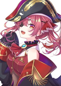 1girl bare_shoulders bicorne black_coat black_hat black_leotard breasts coat eyepatch hashtag-only_commentary hat highres hololive houshou_marine houshou_marine_(1st_costume) jacket koa_soragasuki leotard long_sleeves looking_at_viewer off_shoulder open_mouth red_hair red_jacket see-through_clothes see-through_leotard simple_background sleeveless sleeveless_jacket sleeves_past_wrists smile solo twintails virtual_youtuber white_background