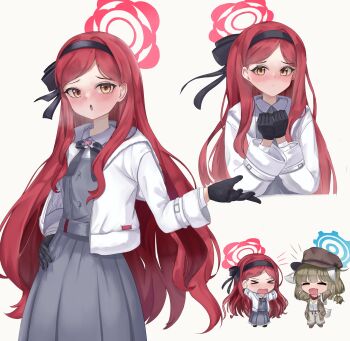 Rule 34 | > <, 2girls, absurdres, animal ears, black gloves, black hairband, blue archive, blush, closed eyes, dress, gloves, green hair, grey dress, hairband, halo, hand up, harveythenerdy, hashtag-only commentary, highres, jacket, long hair, long sleeves, looking at viewer, multiple girls, multiple views, open clothes, open jacket, open mouth, parted bangs, red hair, red halo, simple background, takane (blue archive), white background, white jacket, yakumo (blue archive), yellow eyes